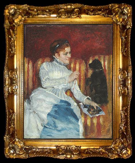 framed  Mary Cassatt Woman on a Striped Sofa with a Dog, ta009-2